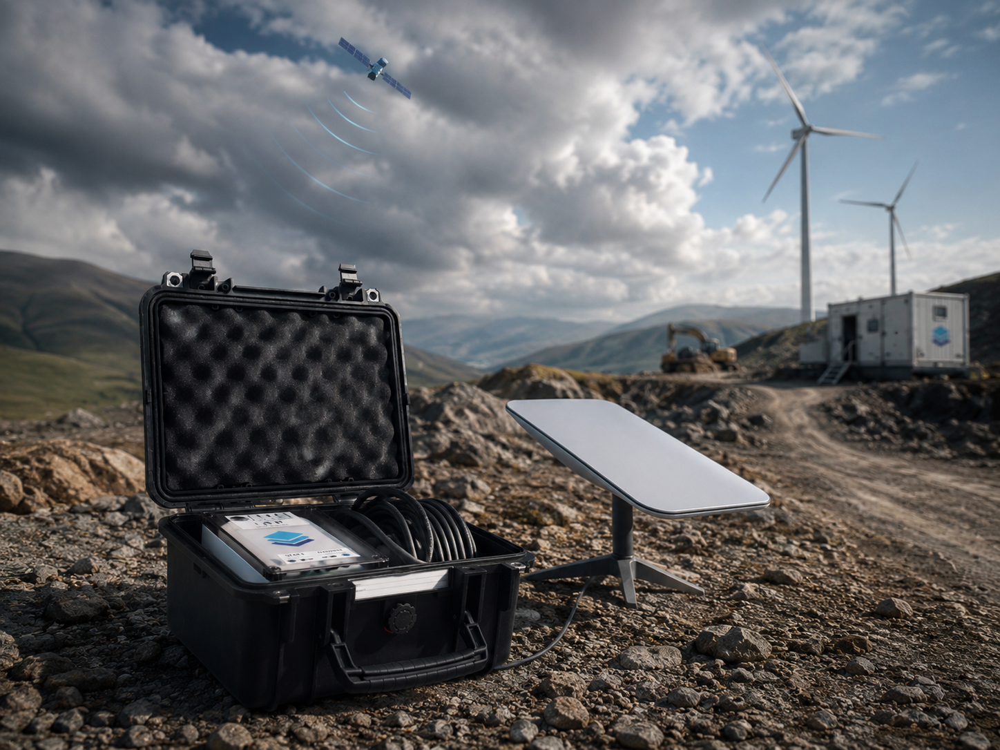 BITA Box mit flachem Starlink-Panel an abgelegenem Standort mit Windkraftanlagen